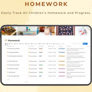 May include: A screenshot of a website showing a list of homework assignments for different children. The website is called "Homework" and allows users to easily track all children's homework and progress. The list includes the assignment name, subject, due date, and status.
