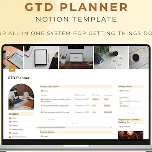 以下が含まれることがあります： GTDプランナー用のNotionテンプレートが表示されたラップトップの画面。テンプレートには、今日のタスク、今日のアクション、週間レビュー、現在取り組んでいるプロジェクトのセクションが含まれています。このテンプレートは、Getting Things Done（GTD）メソッドを使用して、タスクとプロジェクトを整理するのに役立ちます。