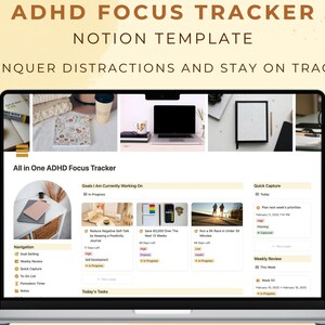以下が含まれることがあります： ADHD フォーカス トラッカー用の Notion テンプレートが表示されたラップトップの画面。テンプレートには、目標、クイック キャプチャ、週間レビューのセクションが含まれています。画面の上部には「All in One ADHD Focus Tracker」というテキストが表示されています。