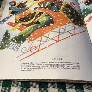 May include: A vintage children's book illustration of three bears riding in a red sledge through a snowy forest. The book is titled "A Little Golden Book" and includes the copyright information "Copyright &copy; 1984 by Western Publishing Company, Inc. All rights reserved. Printed in the U.S.A."