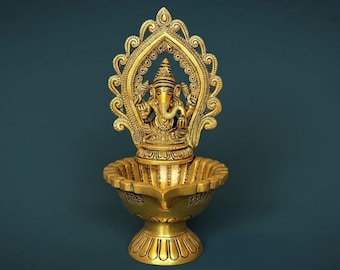 Hand-crafted Ganesha Lamp for Auspicious beginnings and Success, Solid Brass (H 9'' / W 3'' )