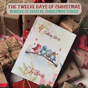 Paquete de doce días de tarjetas de Navidad, 12 días de juego de Navidad, tarjetas de Navidad de acuarela, tarjetas imprimibles, descarga digital