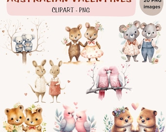 May include: Watercolor clipart set titled "Australian Valentines" featuring various Australian animals in pairs, including koalas, kangaroos, and cockatoos. The images are in PNG format and include floral and heart accents.