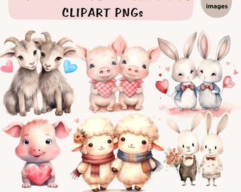 Lindos animales de granja San Valentín Clipart PNG Granja Acuarela Oveja Cerdo Conejo Cabra Lindo animal Pareja Clipart Día de San Valentín Clipart Paquete