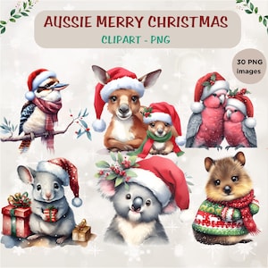 Clipart Noël australien, aquarelle PNG, animaux australiens mignons, usage personnel et commercial, téléchargement numérique