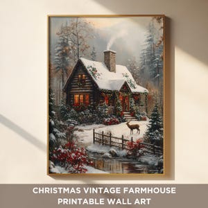 Vintage Christmas Farmhouse Wall Art Forest Snowfall Poster Winter  & Reindeer Christmas Decor Rustic Village Wall Art Landscape Winter Xmas