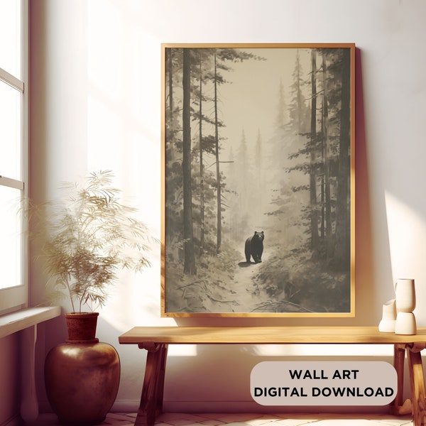 Bear Wood Wall Art, Bear in the Forest, Black Bear Wall Art, Brown Bear Decor, Rustic Wall Art, Digital Download