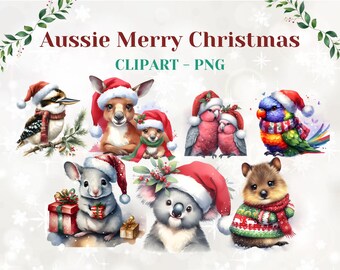 Australian Christmas Clipart, Watercolour PNG, Cute Aussie Animals, Personal and Commercial use, Digital Download