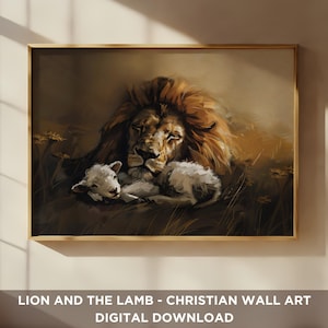 May include: A digital painting of a lion and a lamb lying together in a field of grass. The lion has a mane of brown and orange fur, and the lamb is white. The lion is looking at the lamb with a gentle expression. The painting is a representation of the Christian concept of peace and harmony.