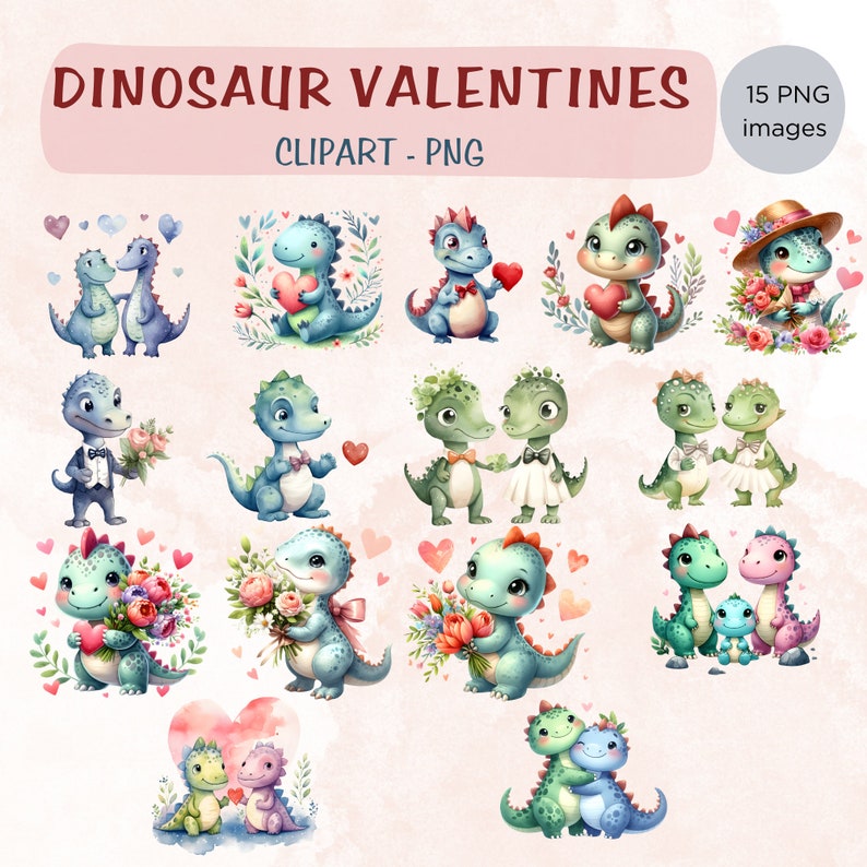 Dinosaur Valentines PNG Watercolor Cute Dinosaur Couple Clipart ...