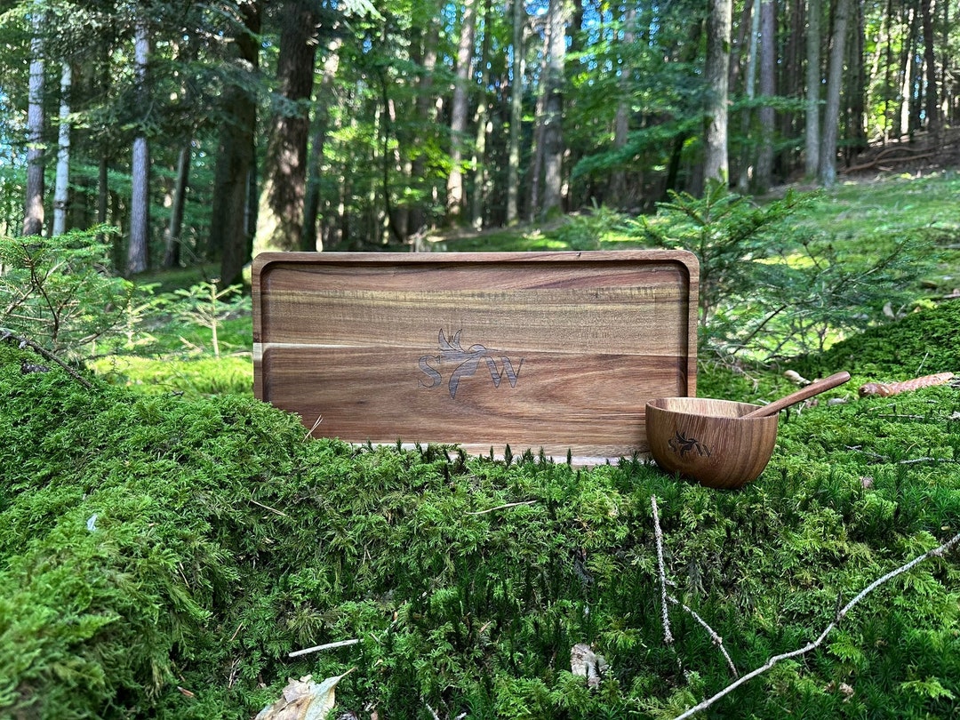Wooden Serving Tray With Bowl for Sauces Acacia Wood Set Etsy