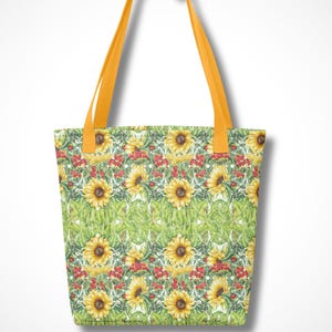 Borsa illustrata con girasole e iperico, tote bag botanica con pattern floreale fitto, borsa artistica in poliestere con manici gialli