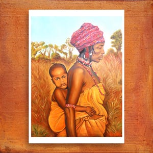 Stampa d’arte figurativa “Destino africano” | Ritratto donna africana e bambino | Stampa da dipinto a olio | Edizione limitata
