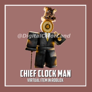 May include: A digital avatar wearing a black suit and a gold clock face for a head. The avatar is wearing a gold top hat with gears and a gold pocket watch. The avatar is holding a cane. The text "@DigitalColorLand" and "CHIEF CLOCK MAN VIRTUAL ITEM IN ROBLOX" is below the avatar.