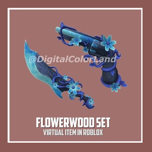May include: A blue and black floral-themed gun and knife set for the Roblox game. The set is called "Flowerwood Set" and is a virtual item in Roblox.