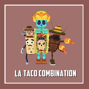 Op de afbeelding: Een grillige illustratie van drie taco-themafiguren. De centrale figuur is een skelet met een taco-hoed en een taco-lichaam. De andere personages zijn een taco met een katten-sombrero en een houten taco met maracas. De tekst "LA TACO COMBINATION" staat onderaan.