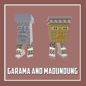 May include: Two cartoon figures with blocky designs. One is grey, the other yellow. They have rectangular bodies, square faces, and blocky legs and feet. The text "GARAMA AND MADUNDUNG" is displayed below the figures, set against a brown background.