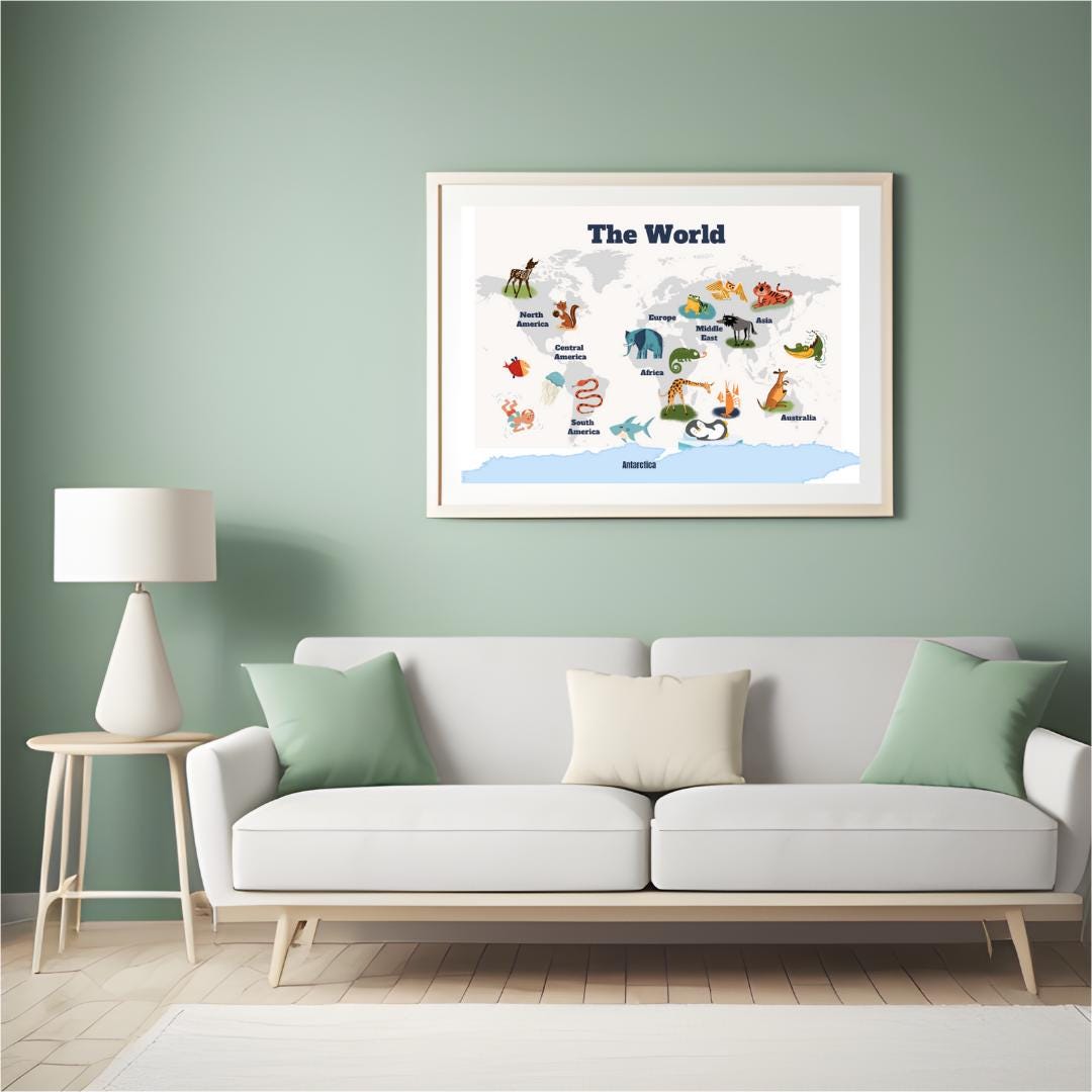 World Map Print for Kids,animal World Map Print, Nursery Kids Decor ...