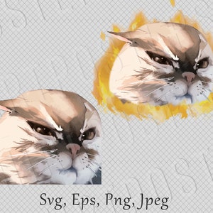 May include: A watercolour painting of a cat with a grumpy expression. The cat is light brown and white with a black nose and black eyes. The cat is surrounded by a yellow watercolour background.