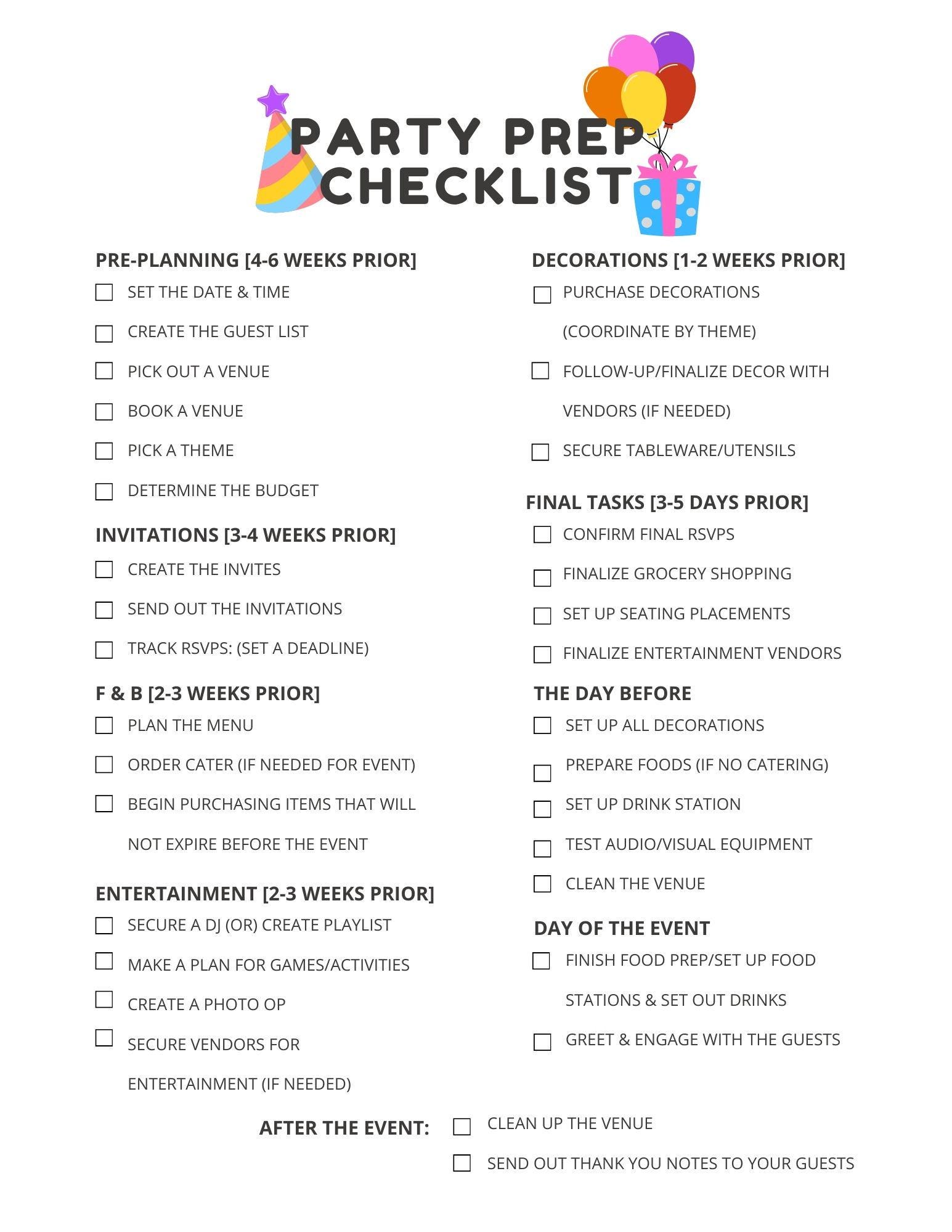 Party Planning Checklist - Birthday PDF Download - Etsy