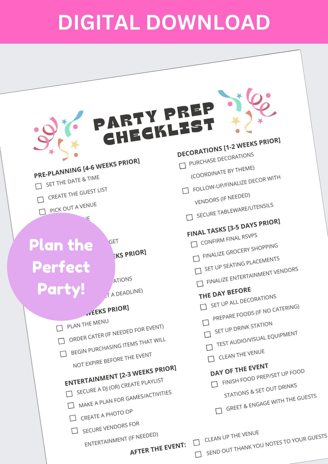 Party Planning Checklist - Celebration PDF Download - Etsy