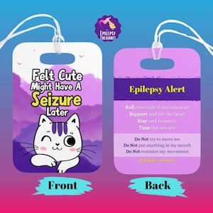 Epilepsie-tags | In geval van nood Hoe te helpen | Leuke kattenbagagelabel | Medisch waarschuwingslabel | Waarschuwingstag voor aanvallen | Grappige tassenlabels | Rugzaklabels