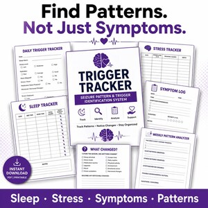 May include: A collection of printable PDF trackers for sleep, stress, and symptoms. The central document is titled "Trigger Tracker" with a brain and heart graphic. The image includes forms for daily triggers, sleep, stress, and symptom logs, with the text "Find Patterns. Not Just Symptoms."