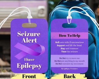 Epilepsimedvetenhet och anfallsvarning Bagetikett, Vid nödsituation Hur man hjälper, Medicinsk varning Bagageetikett, Lila epilepsimedicinkort