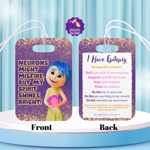 Epilepsy Medical Alert Tag, Seizure Awareness, Medical Emergency Alert Card, School Bag tag, Epilepsy Awareness, Safety Tag, Inside Out Joy