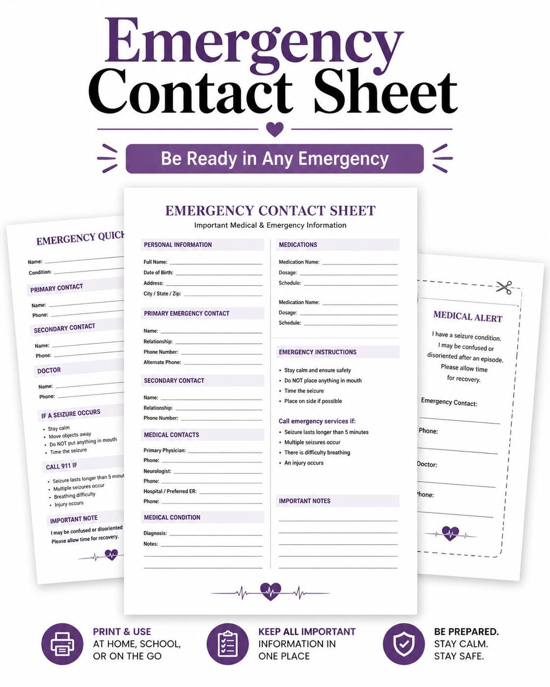 Emergency Contact Sheet Printable | Medical & Seizure Emergency Info ...