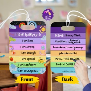 Epilepsy Alert Bag Tag for kids, In Case of Emergency Contact, Medical Alert, Epilepsy Awareness ID, Car Seat Tag, Day Care tag, Custom tag