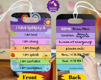 Epilepsy Alert Bag Tag for kids, In Case of Emergency Contact, Medical Alert, Epilepsy Awareness ID, Car Seat Tag, Day Care tag, Custom tag