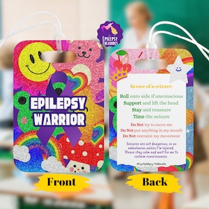 Colorful Epilepsy Alert Bag Tag, In Case of Emergency Contact, Medical Alert, Epilepsy and Seizure Awareness ID, Car Seat Tag, Day Care tag