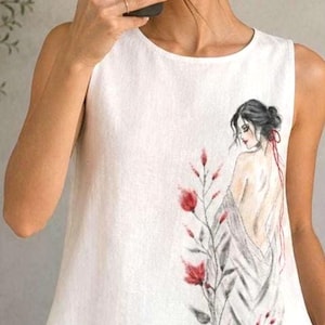 Hand Painted White Blend Top | Wearable Art Blouse | One of a Kind | Minimalist Floral Women's Top