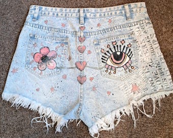 Hand Painted Denim Shorts | Festival Shorts | Floral Eye Art | One of a Kind Clothing