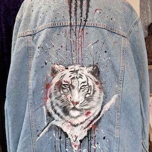 Hand-Painted Tiger Claw Denim Jacket. Size 54.
