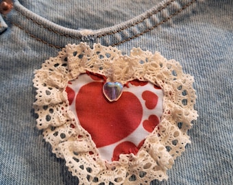 Handcrafted Boho Shorts – Appliqué Hearts, Lace Trim, Beads, and Fabric Painting – One of a Kind – Size 10 UK