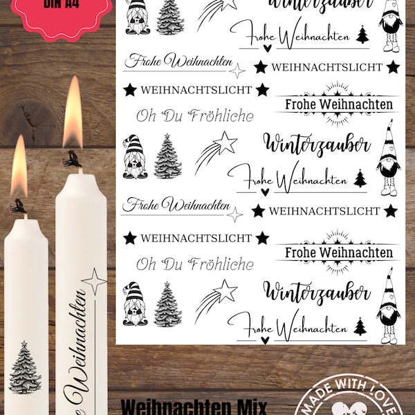 Kerzentattoo Weihnachten Grüße  DIN A4 | Kerzen |  Wasserschiebefolie | Kerzenfolie