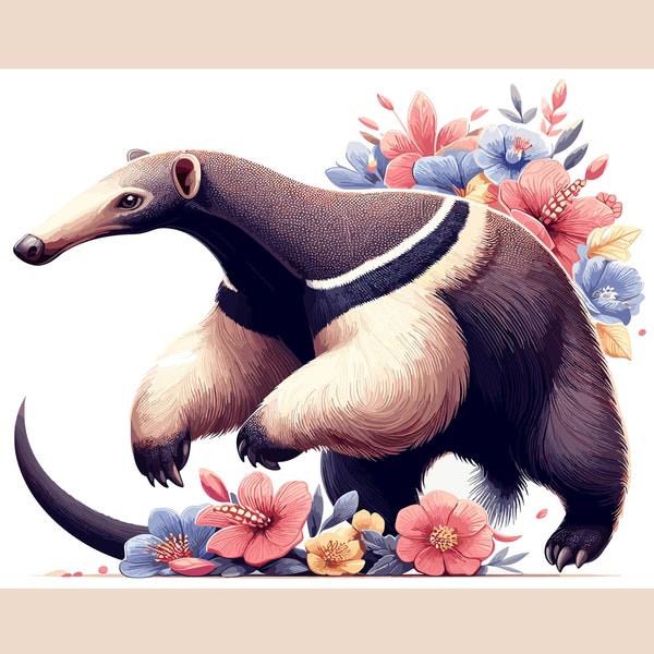Cute Anteater and Flower Clipart - 12 High Quality JPGs - Digital Download - Card Making, Mixed Media, Digital Paper Craft, Junk Journal