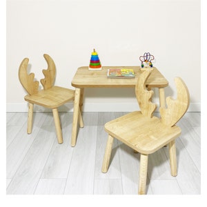 Deer,Hirsch,Kinder Tisch,Kinderstuhl,Geschenkset,Kinder Möbel,Geschenke für Kinder, Holztisch, Kindertisch aus Holz, und Stühle Set, Kleinkindertisch, Kinderstuhl,Montessori