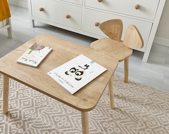 Table en bois Montessori personnalisée Mouse et 2 chaises pour enfants, table pour enfants de haute qualité avec chaises, groupe de sièges pour enfants