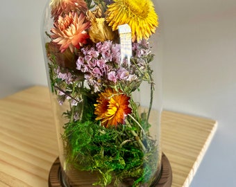 Dried Flowers in Glass Display Cloche Dome with Soild Wood Base (7” x 4”)