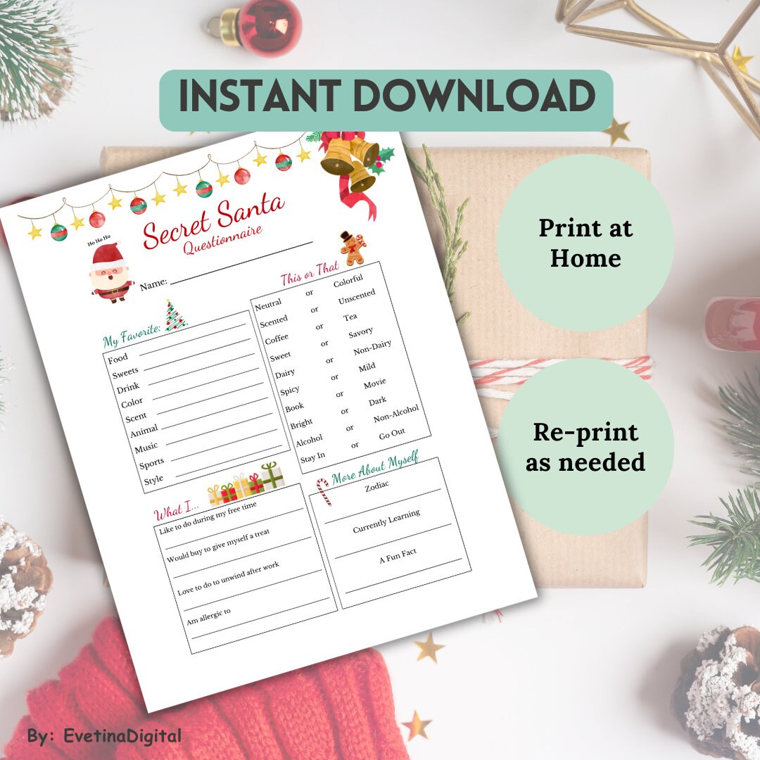 Secret Santa Questionnaire, Secret Santa Questionnaire for Coworkers ...