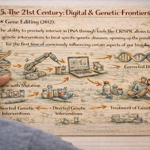 Könnte beinhalten: Eine detaillierte Illustration zum Thema Genbearbeitung, mit einer DNA-Doppelhelix, Laborausrüstung, einem Laptop und einer Familie. Der Text lautet "Das 21. Jahrhundert: Digitale & Genetische Grenzen" und "Genbearbeitung (2012)".