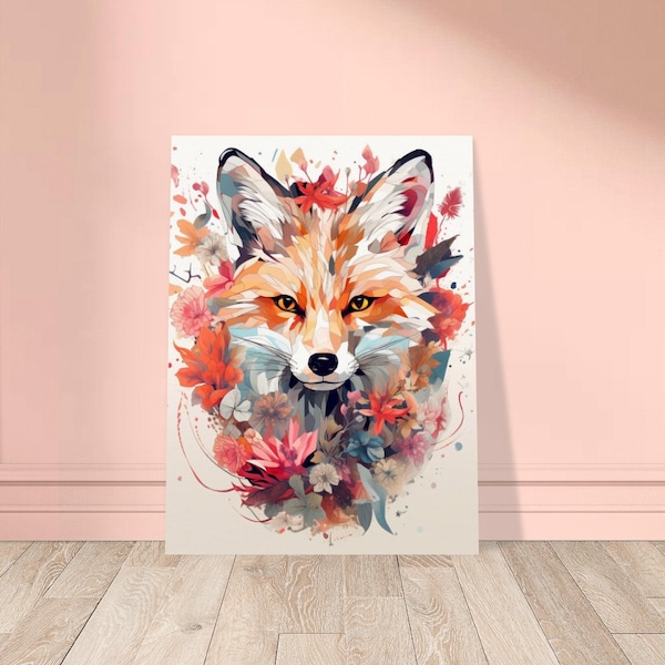 Poster abstract fox with flowers, animal poster fox, poster flowers, animal illustration, watercolor fox art print, fox illustration