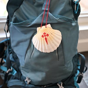 May include: A teal and blue backpack with a scallop shell pendant. The shell is cream-colored with a red cross design. The backpack has multiple pockets, straps, and carabiners.