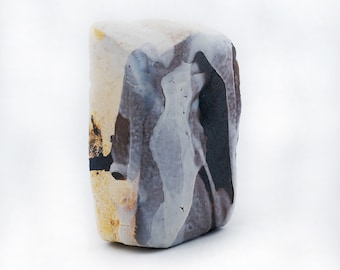 Moon Stone 3 - hand-carved sandstone sculpture-picture, shino enamel. Rare and unique piece.