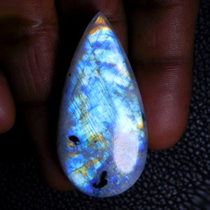 AAA Quality Rainbow Moonstone Cabochon Gemstone, Natural Blue Flashy Rainbow Moonstone Loose Gemstone Pear Shape 60 Ct 46X22X7 MM