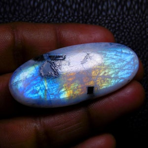 Rainbow Moonstone Cabochon Gemstone, Natural Blue Flashy Rainbow Moonstone Loose Gemstone Oval Shape 60 Ct 49X21X6 MM