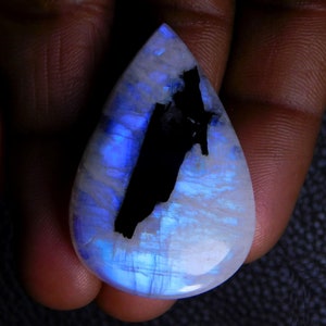 Top Great Quality Rainbow Moonstone Cabochon Gemstone, Natural Blue Flashy Rainbow Moonstone Loose Gemstone Pear Shape 55 Ct 38X25X8 MM